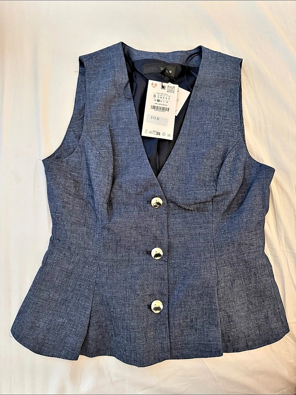 Zara TRF Denim Button Vest Women'Small Blue Size Small